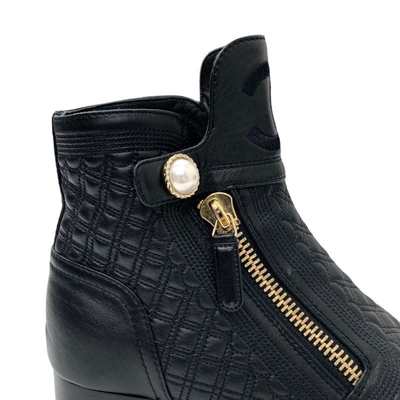 Chanel Boots Short Boots Shoes Here Mark Pearl Quilting Leather Black