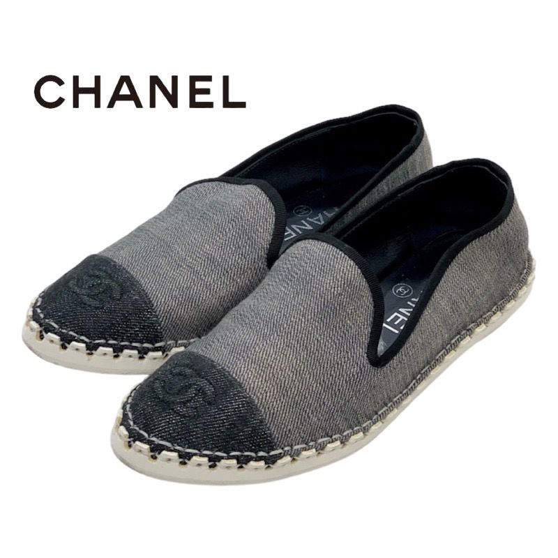 Chanel Flat Shoes Denim Gray Black Here Mark
