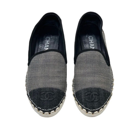 Chanel Flat Shoes Denim Gray Black Here Mark