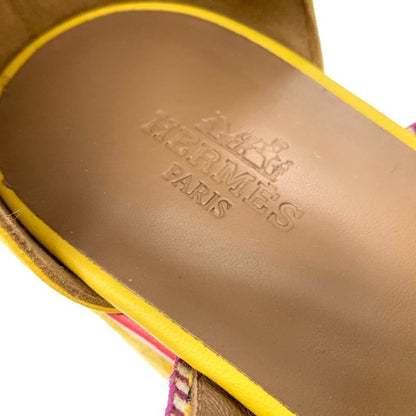 Hermes Sandals Shoes Leather Yellow Pink Multicolor Unused Wedge Sole