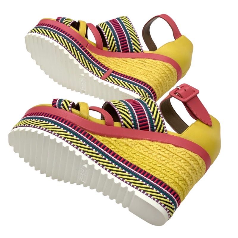 Hermes Sandals Shoes Leather Yellow Pink Multicolor Unused Wedge Sole