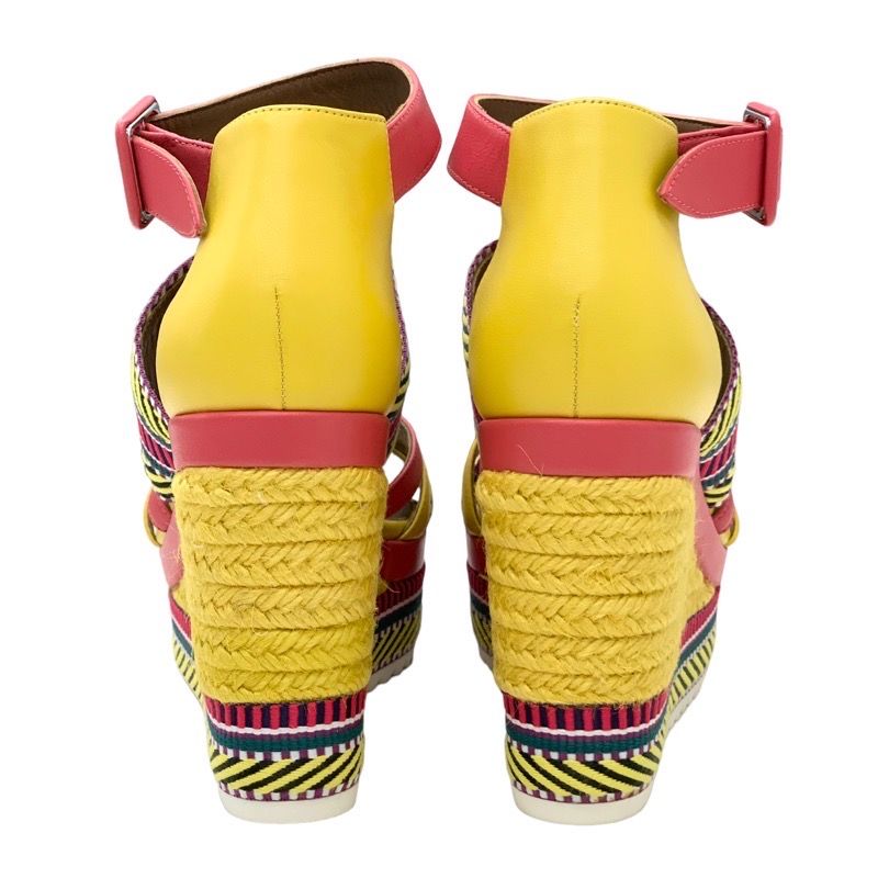 Hermes Sandals Shoes Leather Yellow Pink Multicolor Unused Wedge Sole