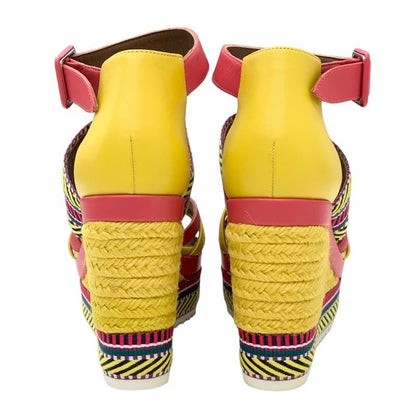 Hermes Sandals Shoes Leather Yellow Pink Multicolor Unused Wedge Sole