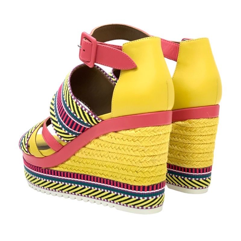 Hermes Sandals Shoes Leather Yellow Pink Multicolor Unused Wedge Sole