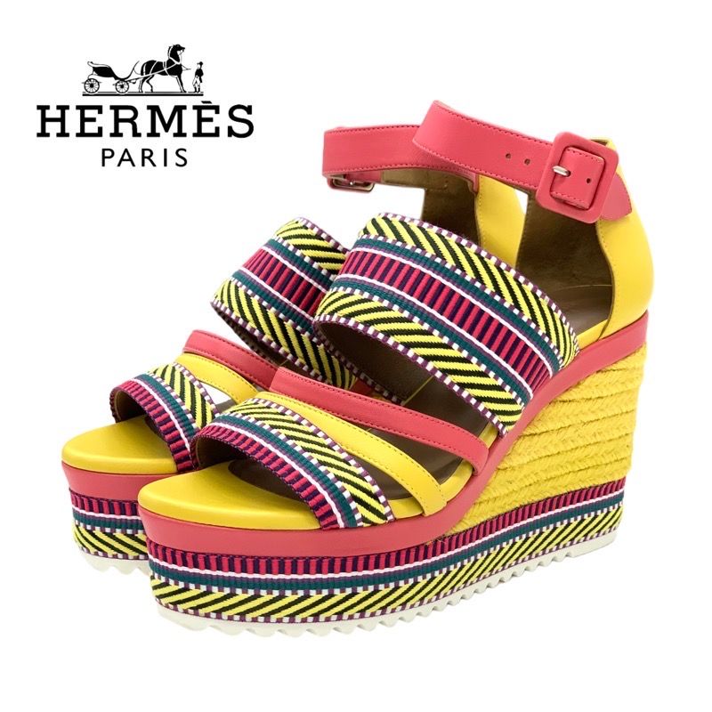 Hermes Sandals Shoes Leather Yellow Pink Multicolor Unused Wedge Sole