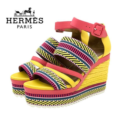 Hermes Sandals Shoes Leather Yellow Pink Multicolor Unused Wedge Sole