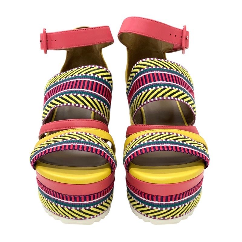 Hermes Sandals Shoes Leather Yellow Pink Multicolor Unused Wedge Sole