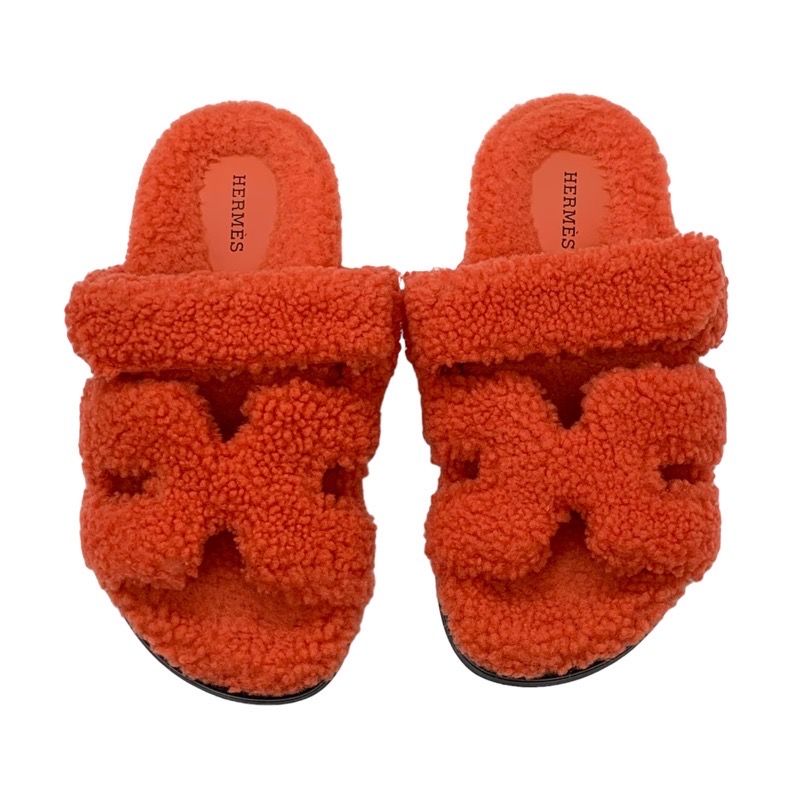 Hermes Chypre Sandals Shoes Shearling Orange Flat Sandals Boa