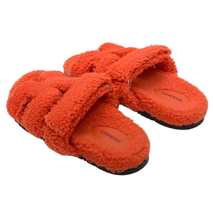 Hermes Chypre Sandals Shoes Shearling Orange Flat Sandals Boa