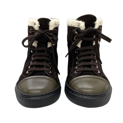Chanel Sneakers Shoes Suede Leather Brown White High Cut Sneakers Coco Mark