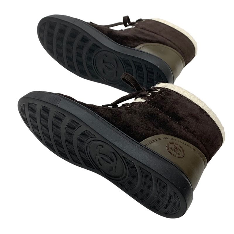 Chanel Sneakers Shoes Suede Leather Brown White High Cut Sneakers Coco Mark
