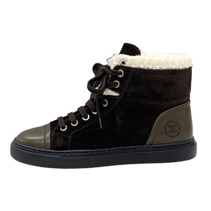Chanel Sneakers Shoes Suede Leather Brown White High Cut Sneakers Coco Mark