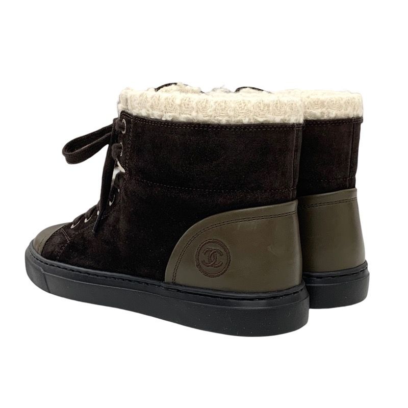 Chanel Sneakers Shoes Suede Leather Brown White High Cut Sneakers Coco Mark