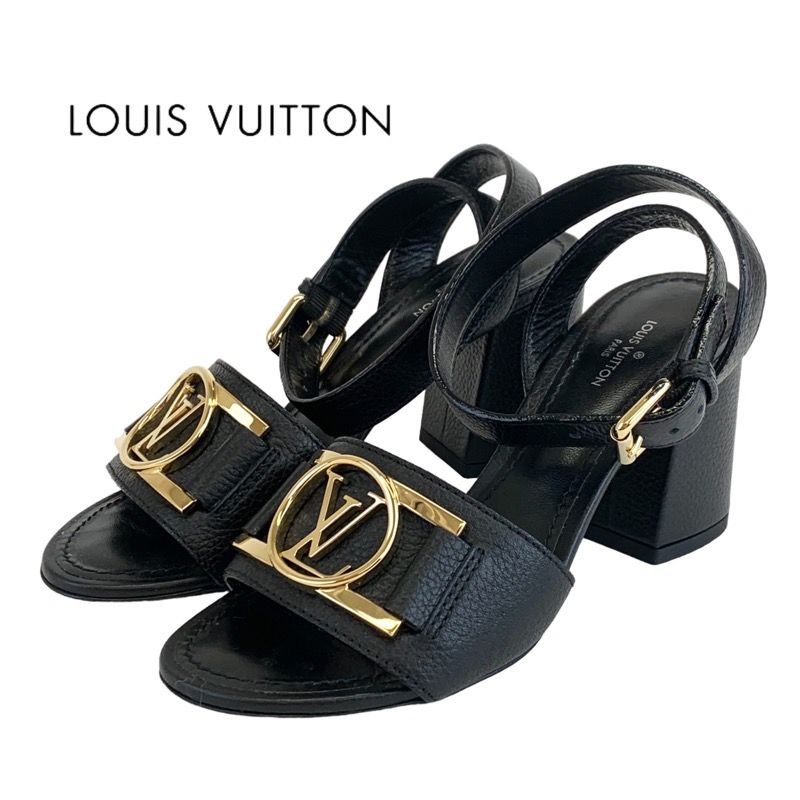 Louis Vuitton Lock It Line Sandals Shoes Leather Black Gold LV Circle Logo