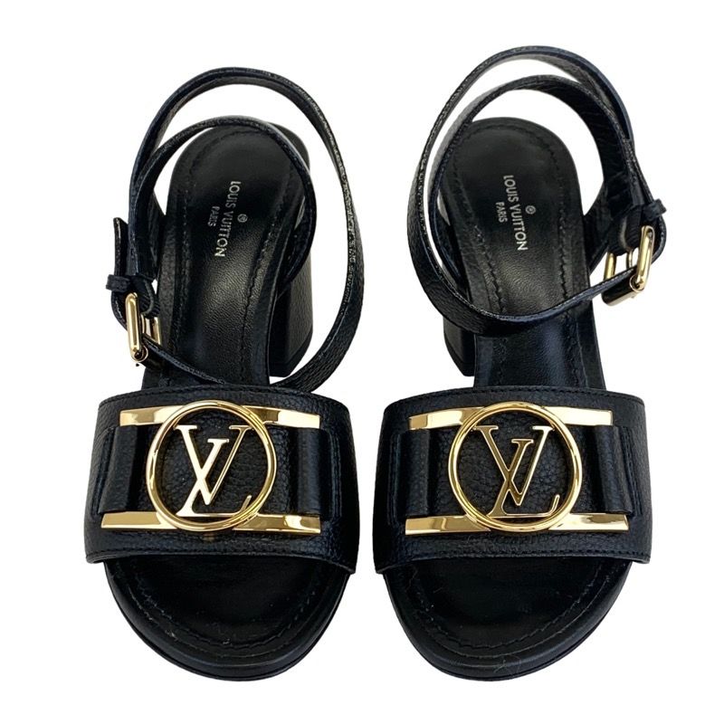 Louis Vuitton Lock It Line Sandals Shoes Leather Black Gold LV Circle Logo