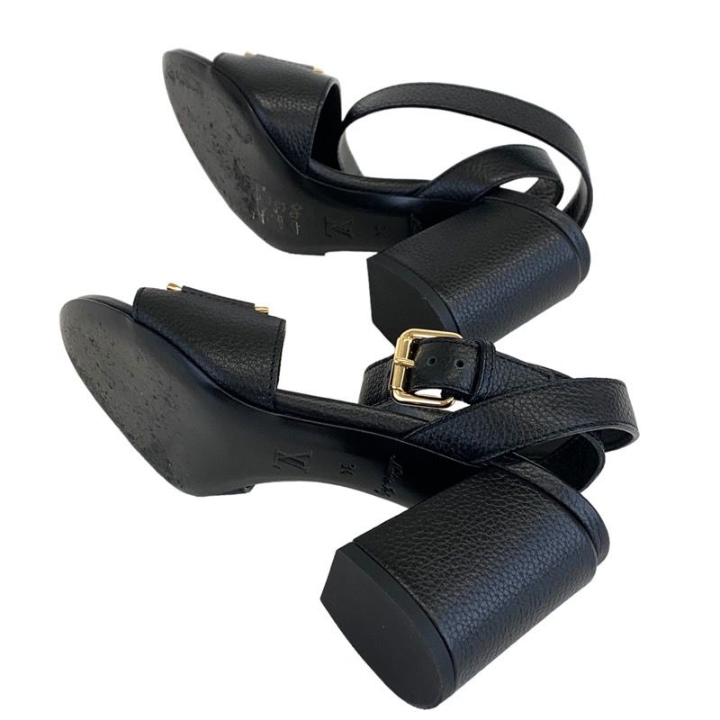 Louis Vuitton Lock It Line Sandals Shoes Leather Black Gold LV Circle Logo