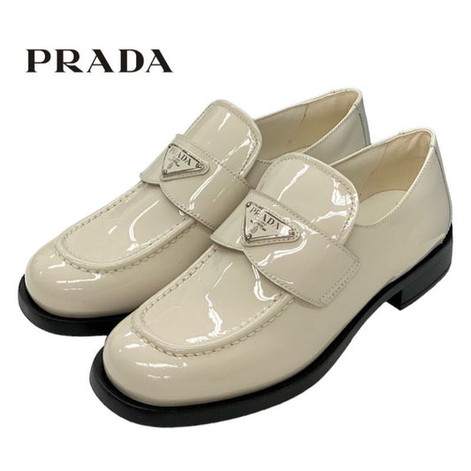 Prada Chocolate Loafers Leather Shoes Patent Ivory Unused Triangle Logo