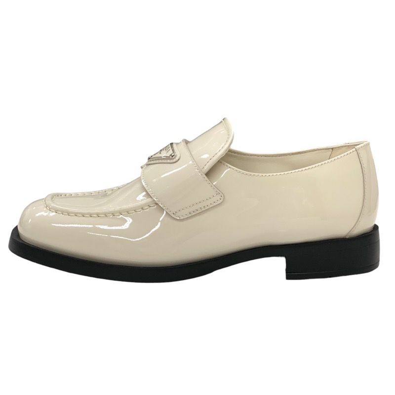 Prada Chocolate Loafers Leather Shoes Patent Ivory Unused Triangle Logo