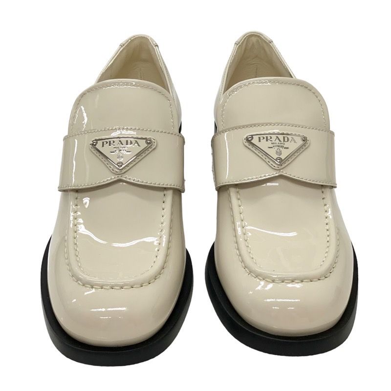 Prada Chocolate Loafers Leather Shoes Patent Ivory Unused Triangle Logo