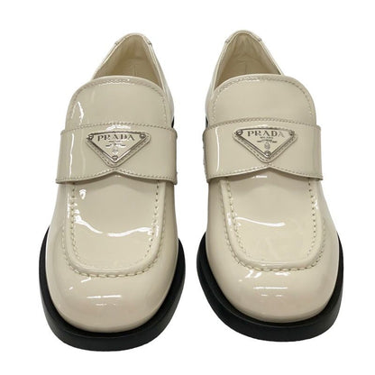 Prada Chocolate Loafers Leather Shoes Patent Ivory Unused Triangle Logo