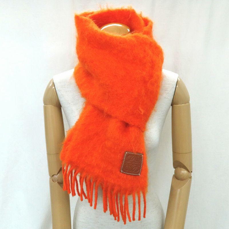 Loewe Muffler - Orange Mohair Wool Fringe Leather Tag Women's Accessori