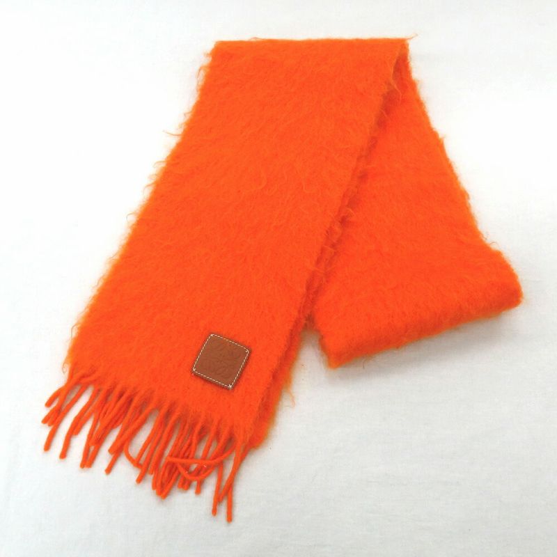 Loewe Muffler - Orange Mohair Wool Fringe Leather Tag Women's Accessori