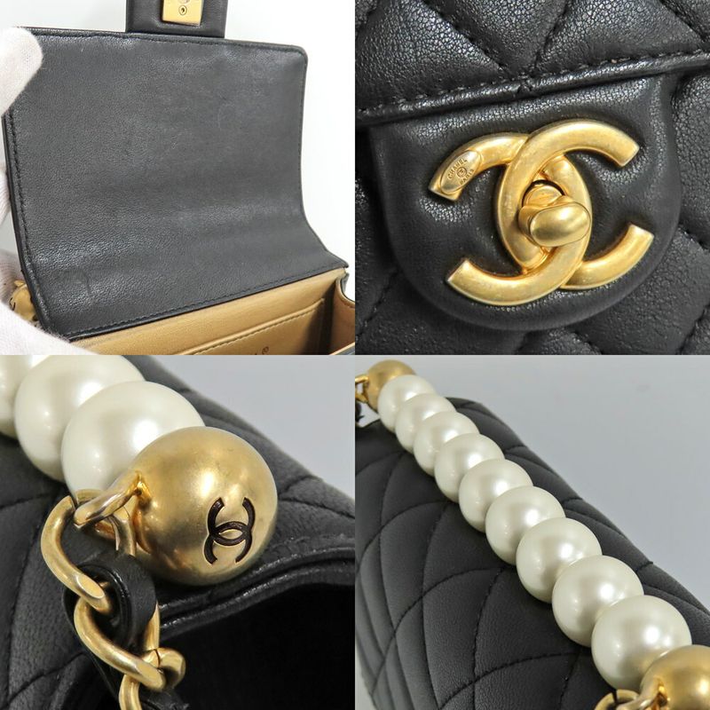 Chanel Flap Bag With Faux Pearl Chain Shoulder Bag Matelasse Black