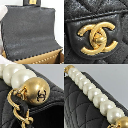 Chanel Flap Bag With Faux Pearl Chain Shoulder Bag Matelasse Black