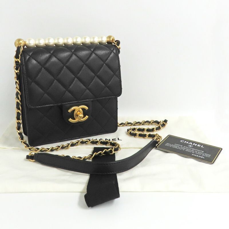Chanel Flap Bag With Faux Pearl Chain Shoulder Bag Matelasse Black