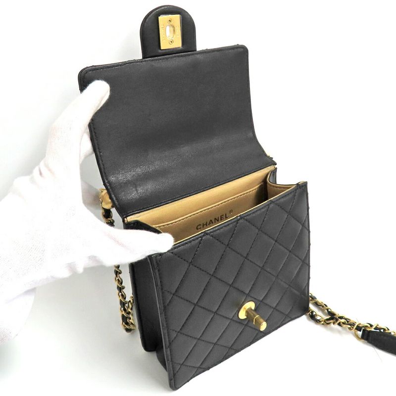 Chanel Flap Bag With Faux Pearl Chain Shoulder Bag Matelasse Black