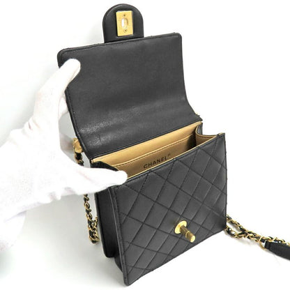 Chanel Flap Bag With Faux Pearl Chain Shoulder Bag Matelasse Black