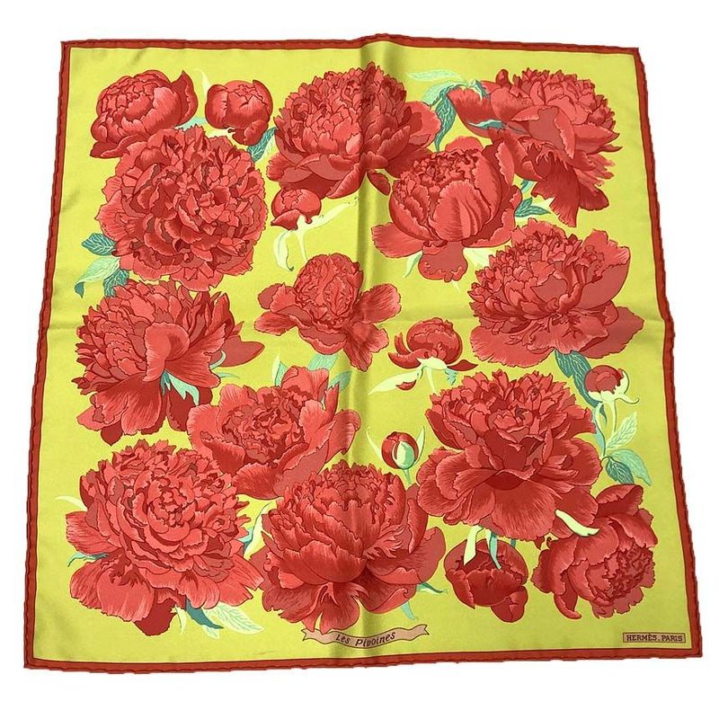 Hermes Scarf Kare45 Les Pivoines Peony Silk Yellow Aq12366