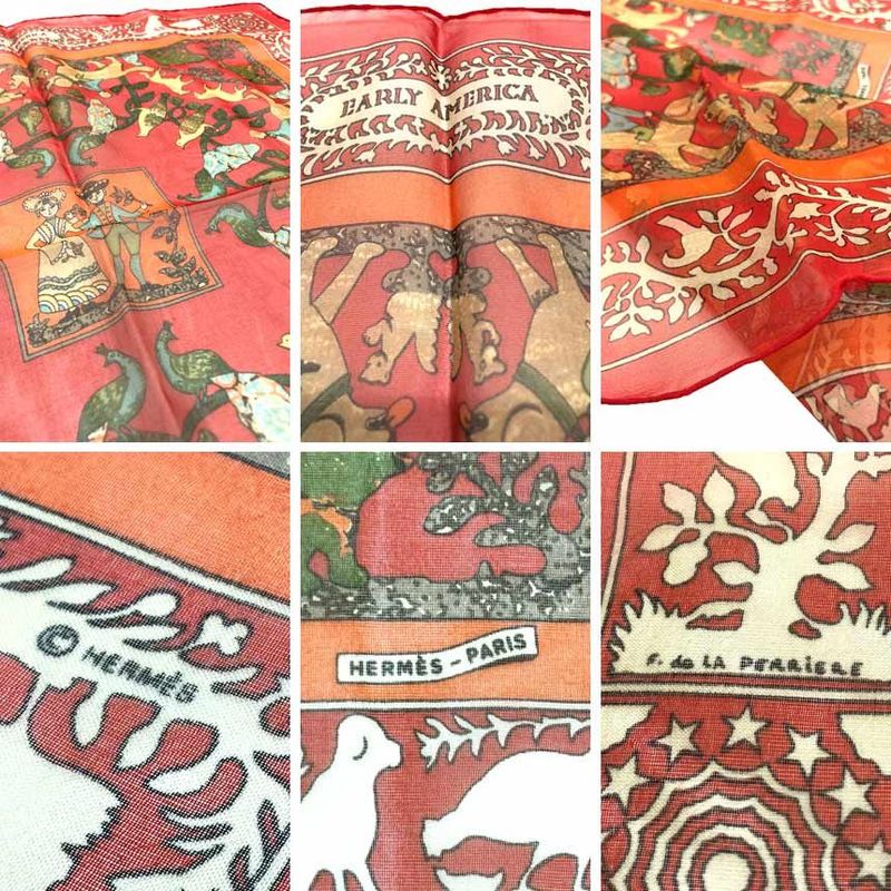 Hermes Scarf Carre 45 Early America Good Old America Silk Muslin Red Aq12373