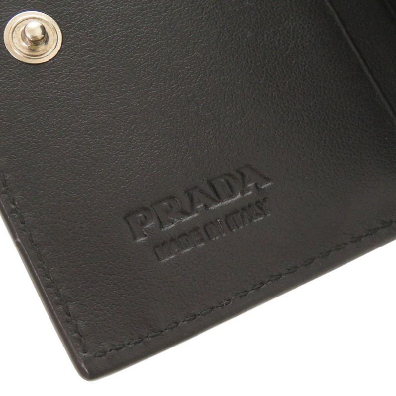 Prada Logo Compact Wallet Brushed Leather Black Bifold Wallet Black 0352 Prada
