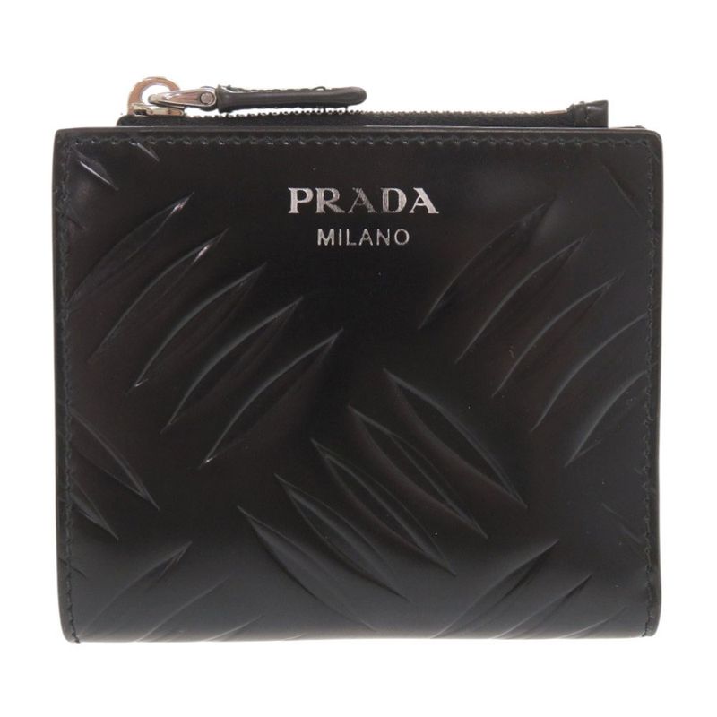 Prada Logo Compact Wallet Brushed Leather Black Bifold Wallet Black 0352 Prada