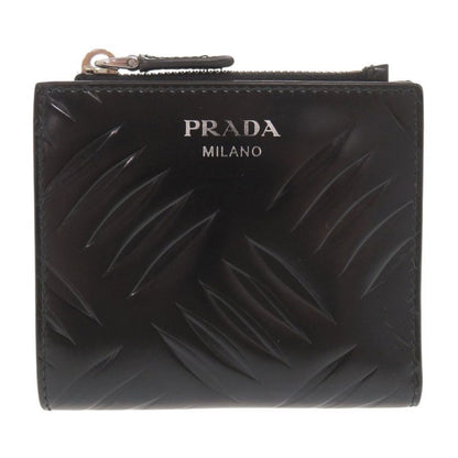 Prada Logo Compact Wallet Brushed Leather Black Bifold Wallet Black 0352 Prada