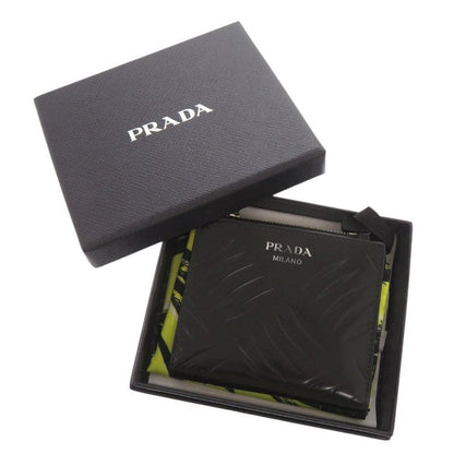 Prada Logo Compact Wallet Brushed Leather Black Bifold Wallet Black 0352 Prada