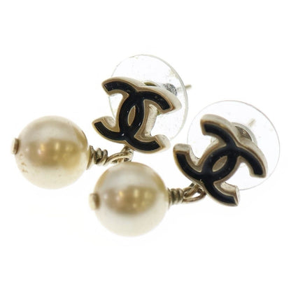 Chanel 10c Coco Mark Fake Pearl Earrings Black X Ivory Gold Hardware