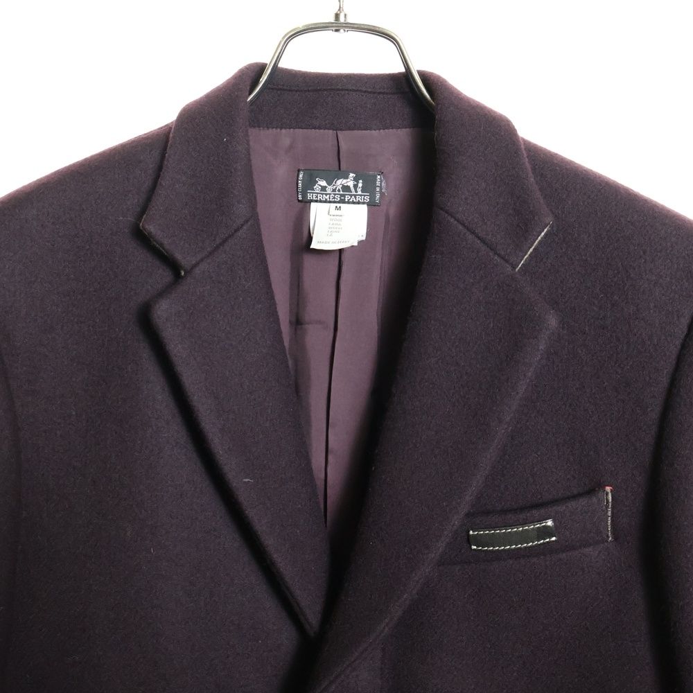 Hermes Winged Button Wool Chester Coat with Logo Patch Wine Red 51-5714