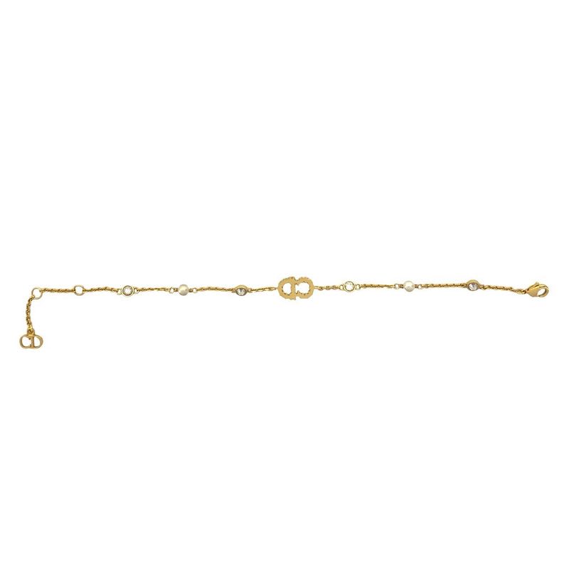 Christian Dior CD Logo GP Rhinestone Fake Pearl Bracelet Gold 04991
