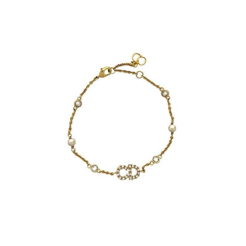 Christian Dior CD Logo GP Rhinestone Fake Pearl Bracelet Gold 04991