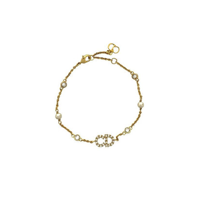 Christian Dior CD Logo GP Rhinestone Fake Pearl Bracelet Gold 04991