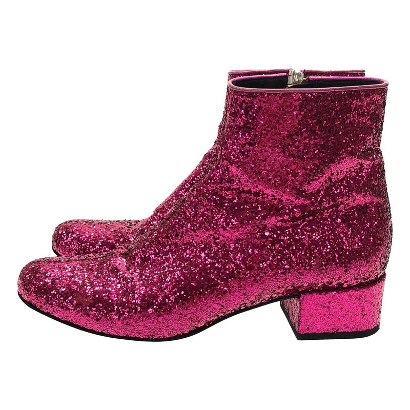 Saint Laurent Paris Side Zip Glitter Lame Short Boots Pink 36