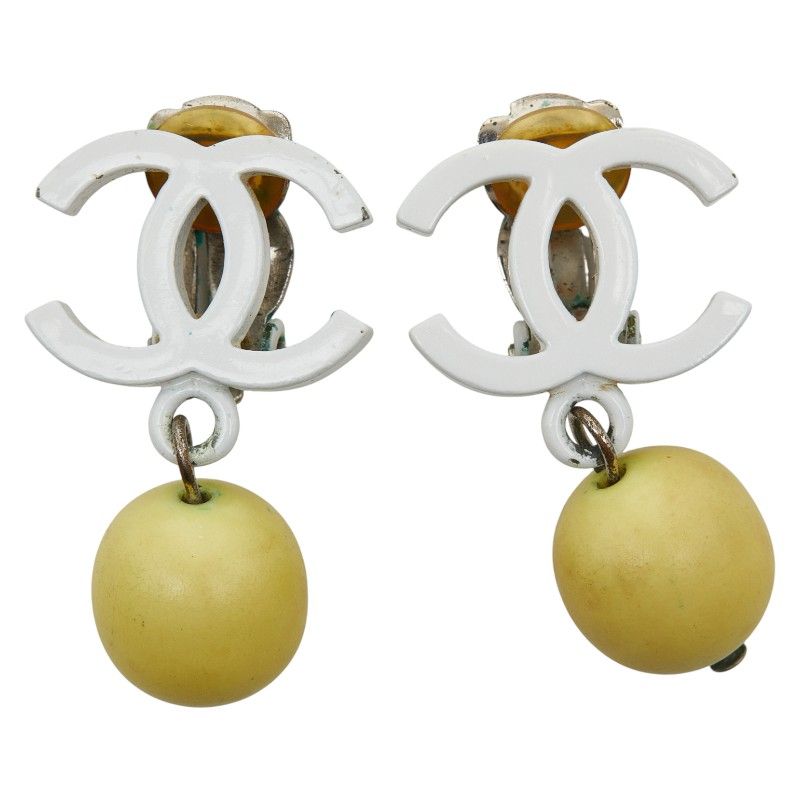 Chanel Cocomark Earring Swing White Yellow Plastic Ladies Chanel