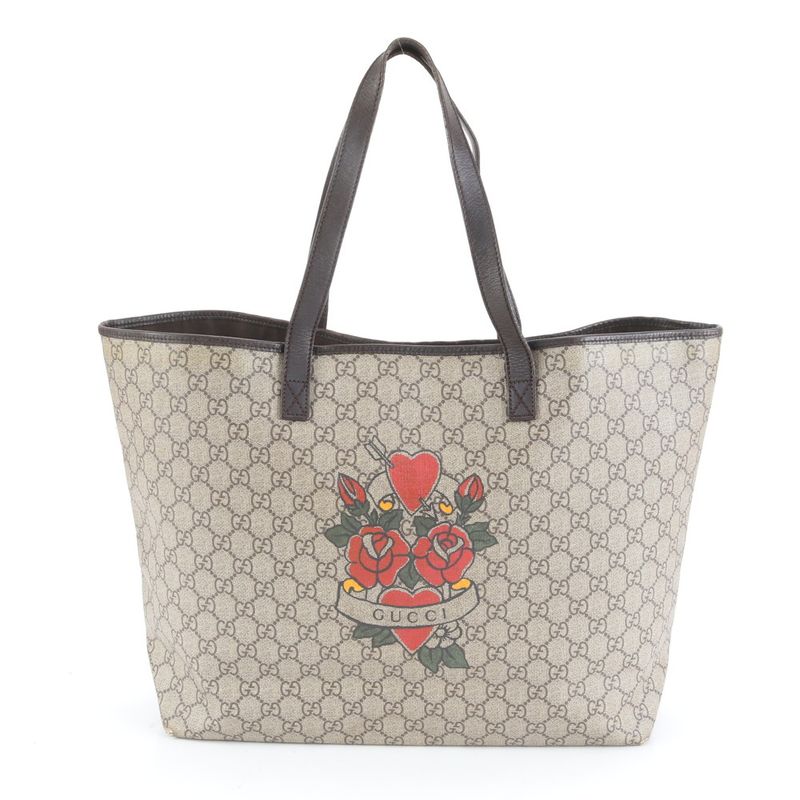 Gucci GG Supreme Rose Tattoo Print 257245 Leather Tote Bag Shoulder A4 Ladies