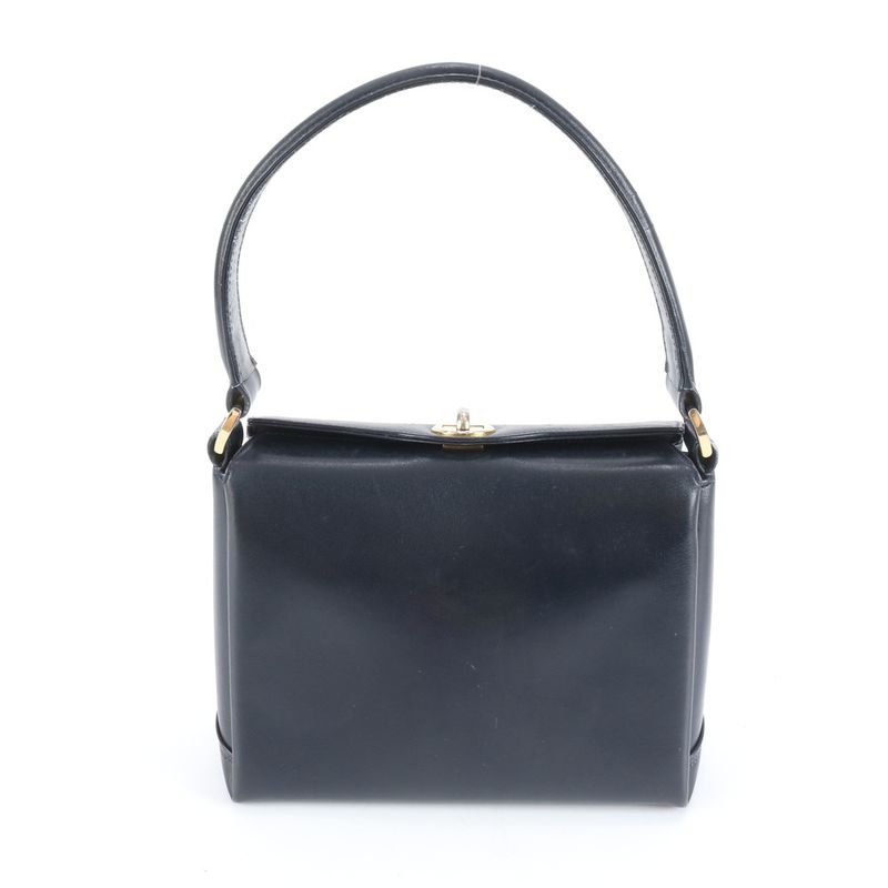 Vintage Old Gucci Turnlock Leather Handbag Tote Black Genuine Leather Gold