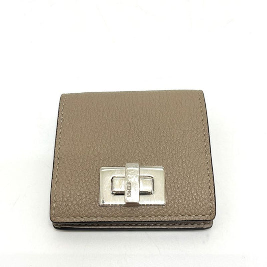 Fendi Coin Case Turnlock Leather Beige