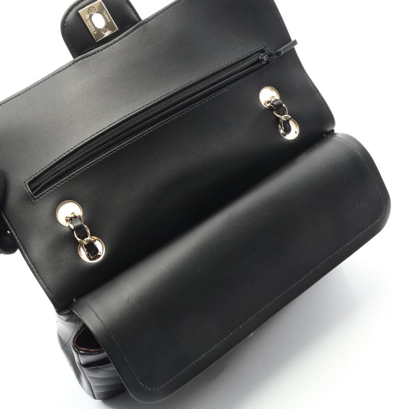 Chanel Shoulder Bag Chevron V Stitch Double Flap Black Lambskin Sheep