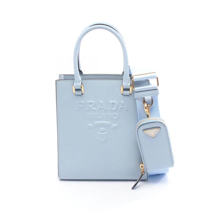 Prada Handbag 1ba333 Light Blue Leather Embossed Logo 2way Shoulder Bag Women's