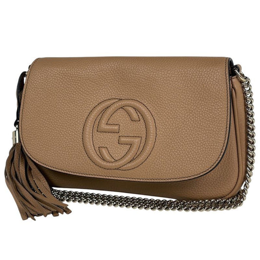 Gucci Soho Shoulder Bag Tassel Fringe Interlocking G Shoulder Bag Leather Camel